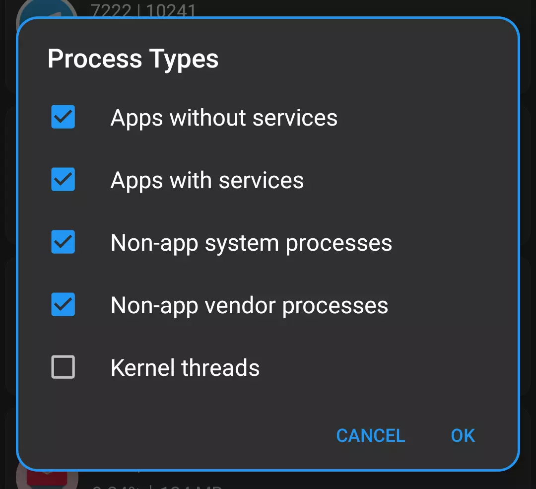 WhatsRunning process filter