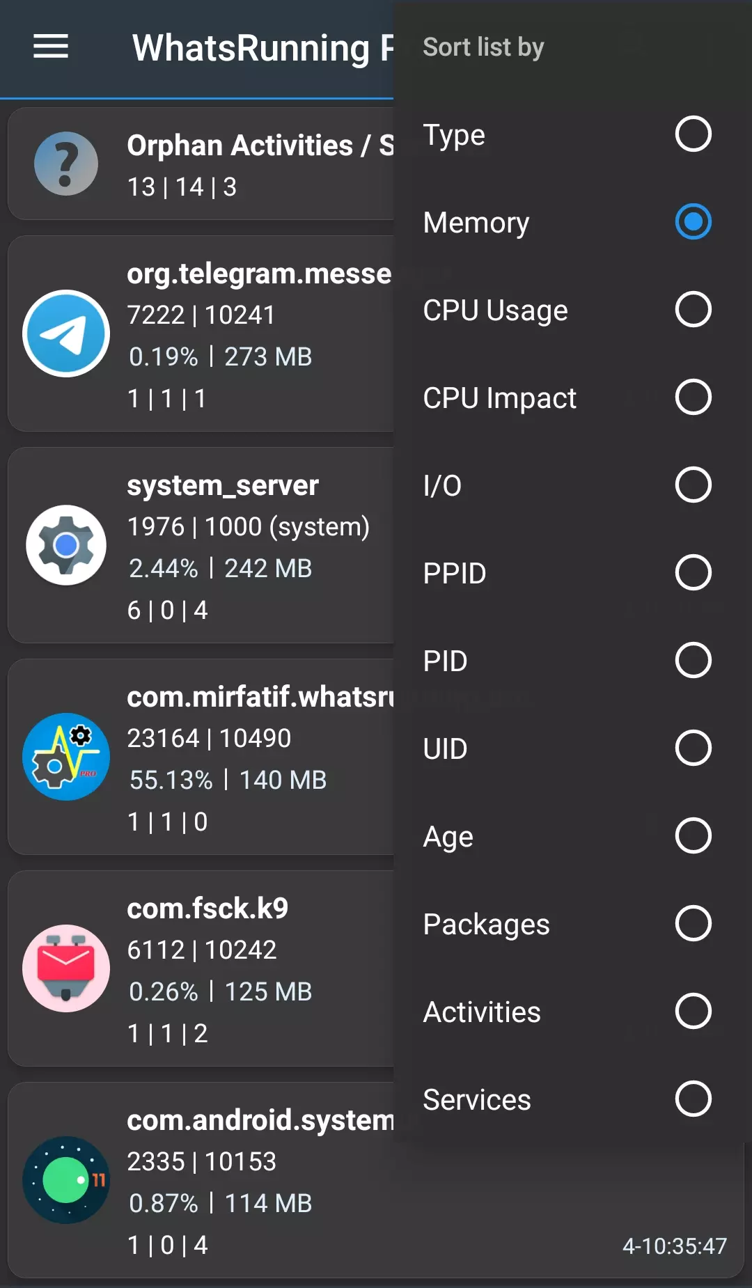 WhatsRunning sort process