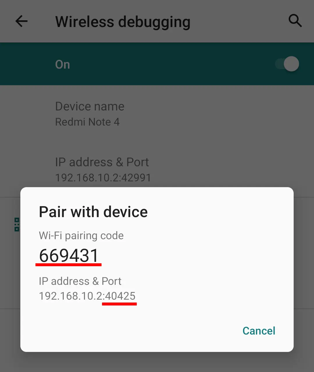 Wireless ADB pairing port